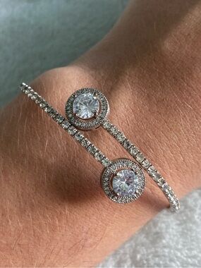 Sterling Silver Double Halo Tennis Bracelet with Clear CZ